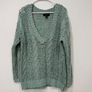 Forever 21+ Womens Sage Green Open Cable Knit V-Neck Oversized Sweater 0X Plus